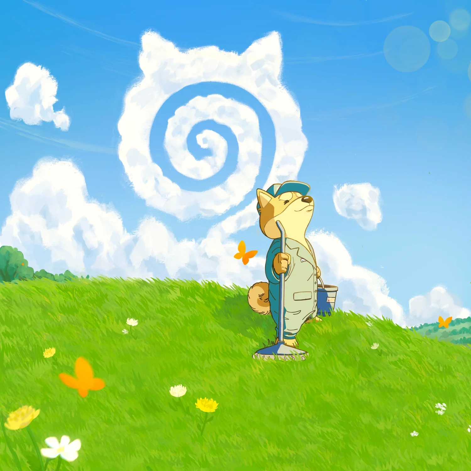 Janitor AI dog mascot standing beneath a spiral-shaped cloud